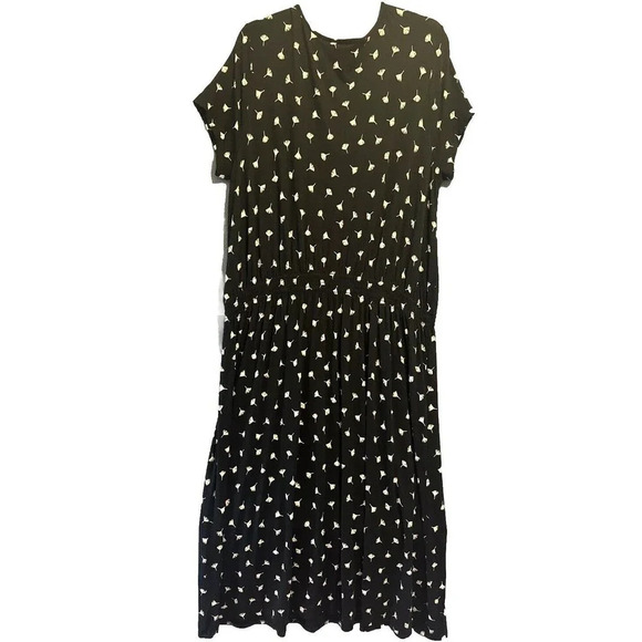 J. Jill Wearever Maxi Dress Size XL Petite Black Elastic Waist All Over Print - Picture 2 of 8